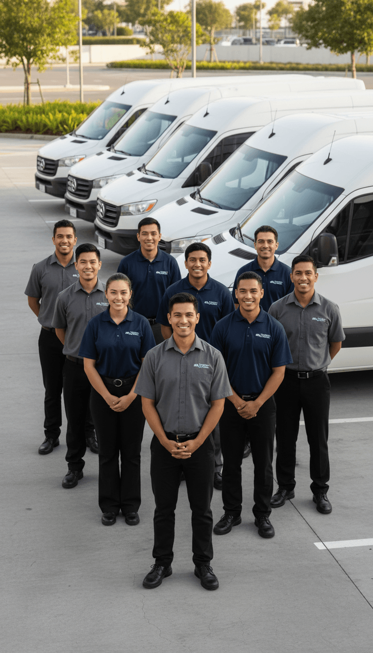 Diverse team of professional uniformed drivers standing confidently in front of row of well-maintained passenger vans