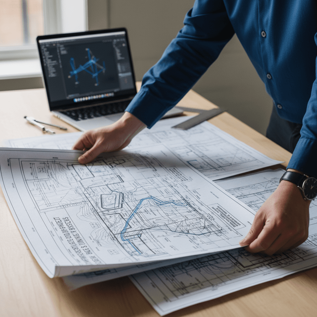 Engineer reviewing detailed construction blueprints and technical drawings at workspace with CAD tools visible