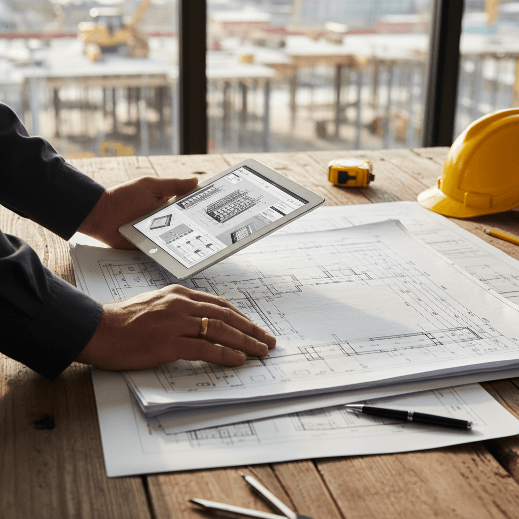 Professional construction team reviewing project blueprints and plans on an active job site