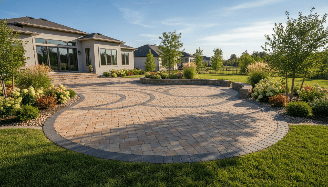 Completed curved paver patio installation in residential backyard with geometric design and mature landscaping
