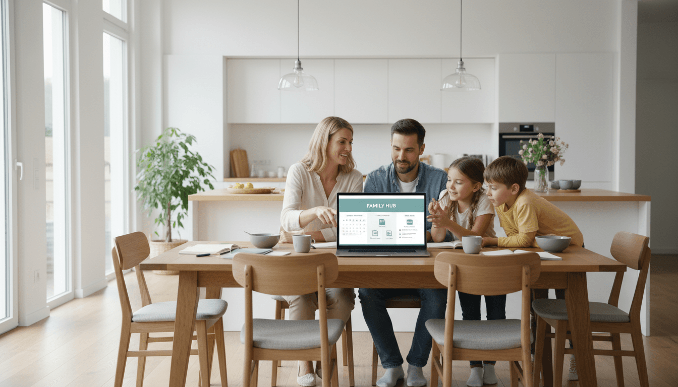 Family gathered around laptop at kitchen table reviewing shared digital calendar and household documents together