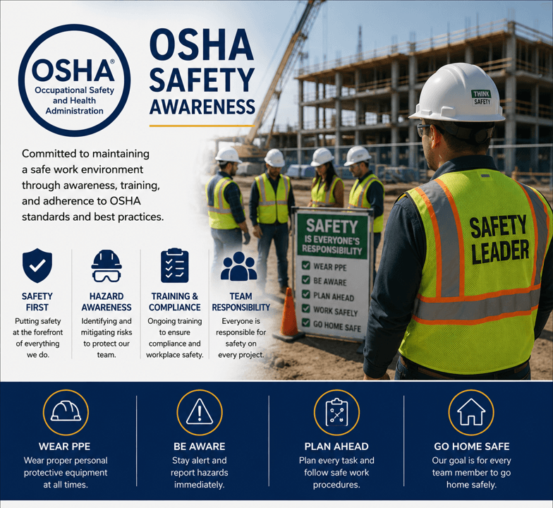 OSHA safety awareness infographic featuring construction workers in safety gear and key workplace safety principles.