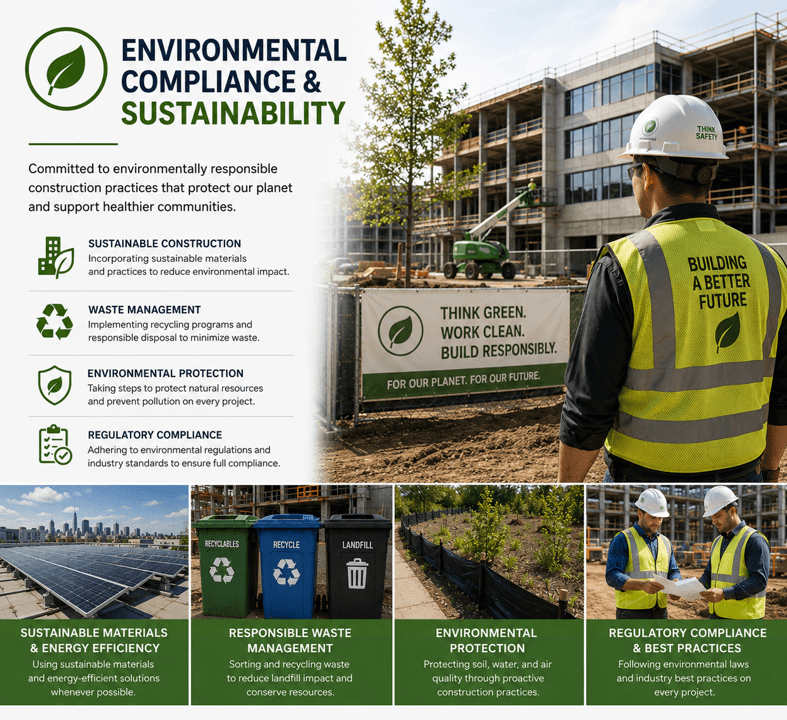 Construction worker overlooking a site with text detailing sustainable practices, waste management, and environmental protection.