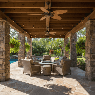 Stone-pillared pergola with wicker chairs, fire pit, ceiling fans, and lush tropical landscaping.