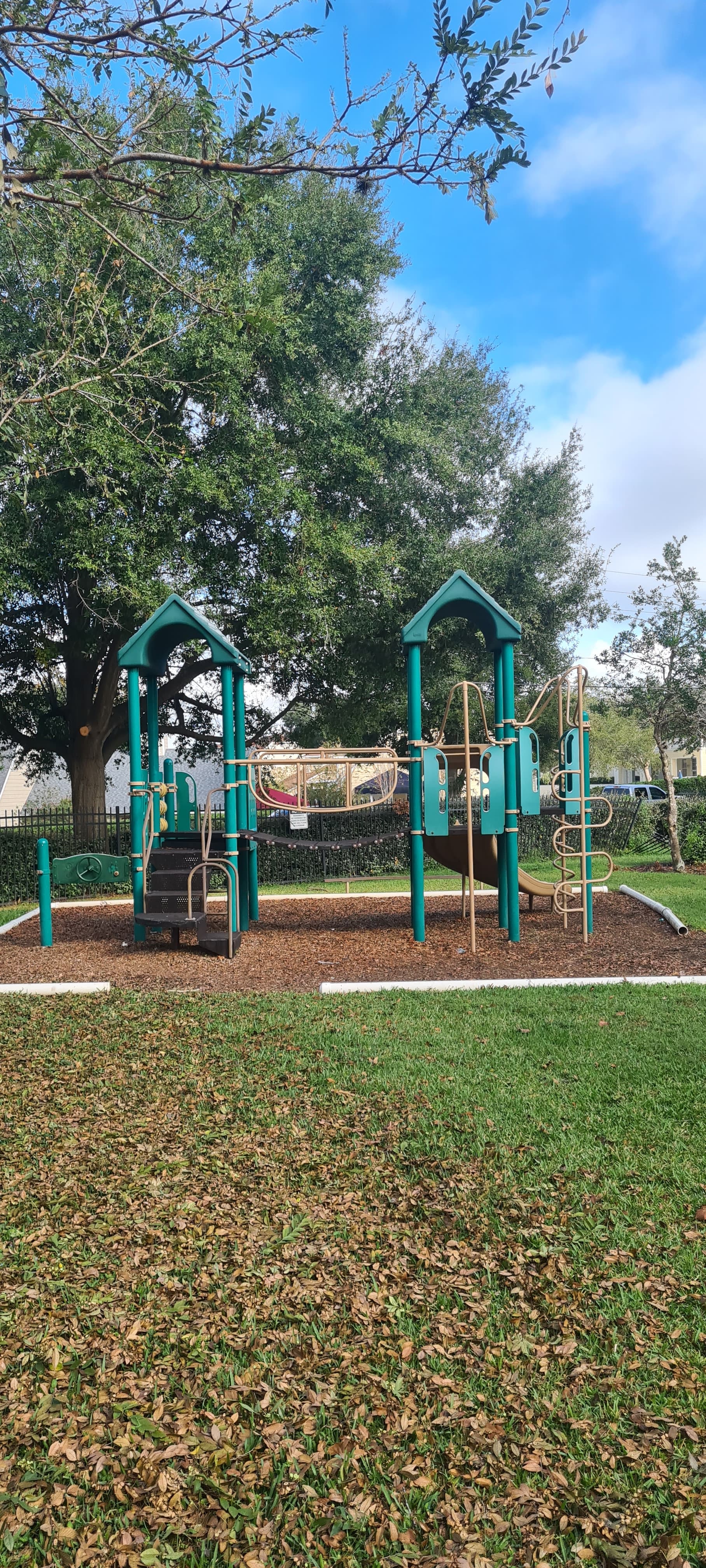 Teal and tan playground structure with two towers and a slide on wood chips.