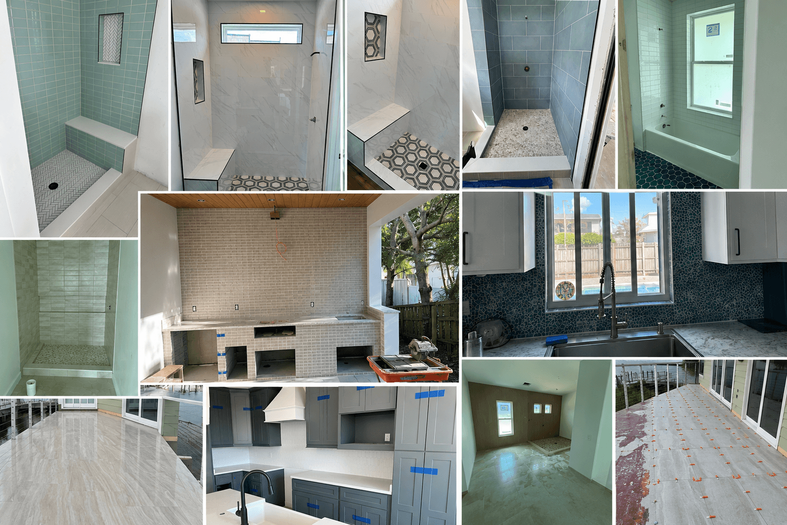 Collage of professional tile work in bathrooms, kitchens, and outdoor patios during home renovation projects.