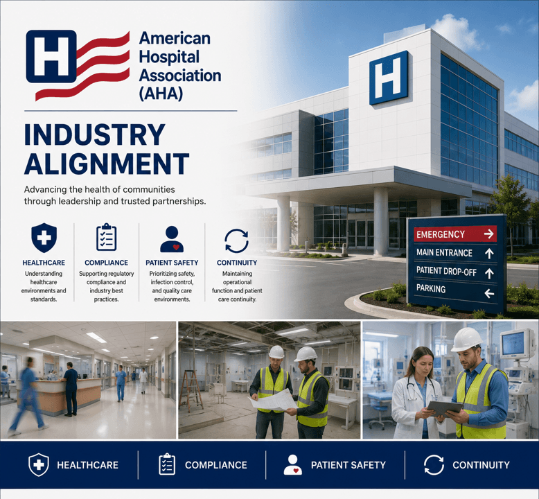 AHA infographic on industry alignment featuring healthcare, compliance, patient safety, and continuity with hospital photos.