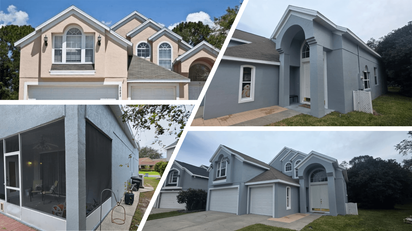 Collage showing a house's exterior transformation from a beige color to a modern gray.