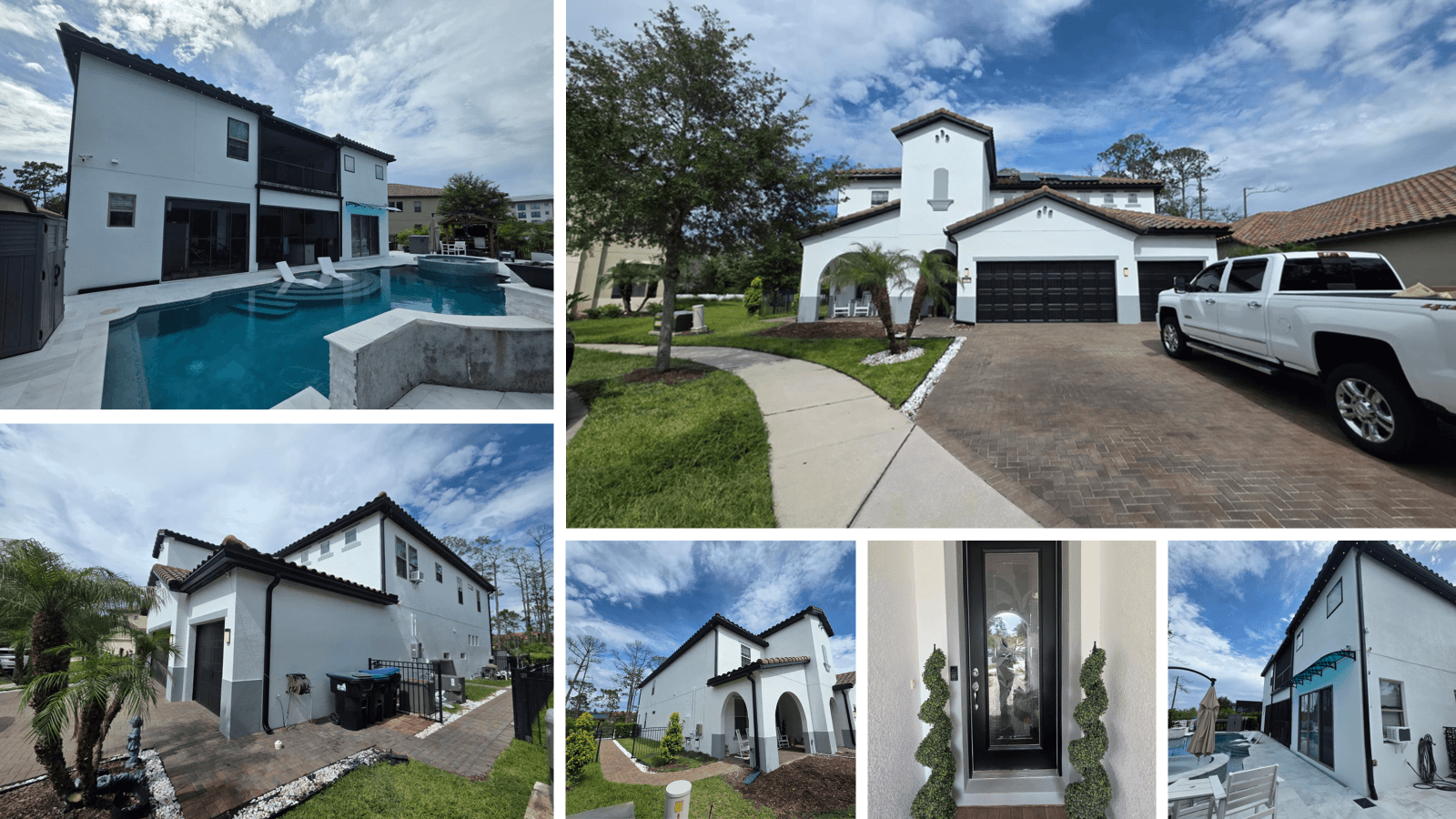 Collage showing the exterior, backyard pool, and front entrance of a modern white home.
