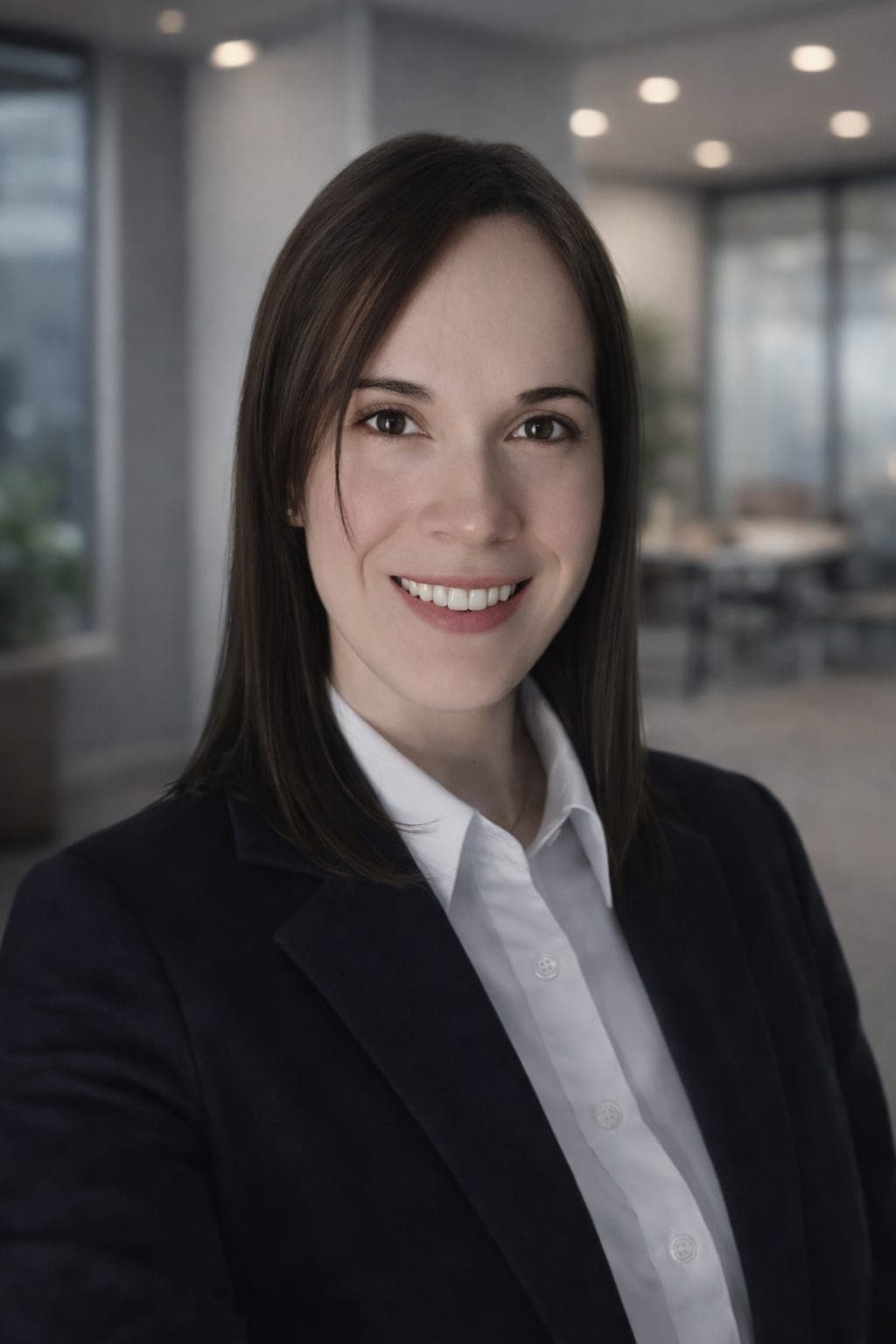Smiling woman with straight brown hair wearing a dark blazer and white shirt, blurred office.