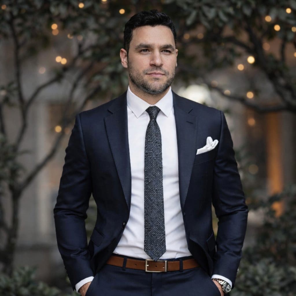 Bearded man in a navy suit, white shirt, and pocket square against blurred warm lights.