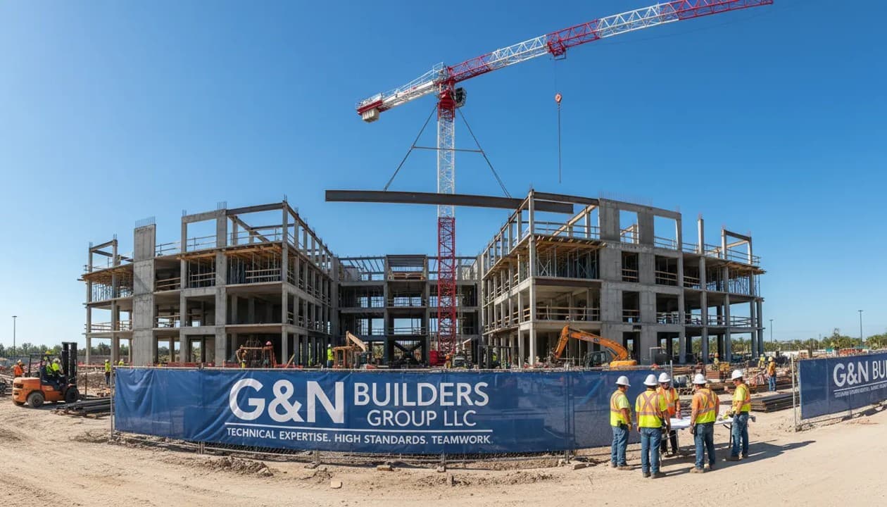 Construction workers stand before a building site with a crane lifting a steel beam.